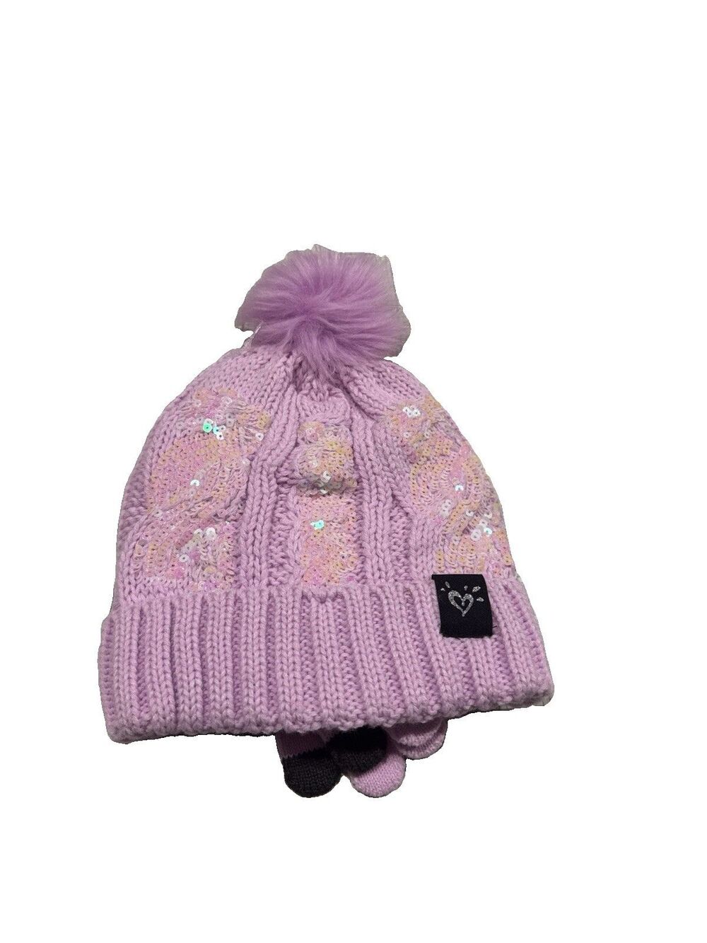 Justice Girls Pink Sequin Ribbed Beanie w/faux fur & Gloves 2-Piece